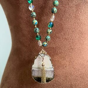 Vintage Agate Geode Tassel Beaded Long Necklace 36" Green Blue Whimsigoth